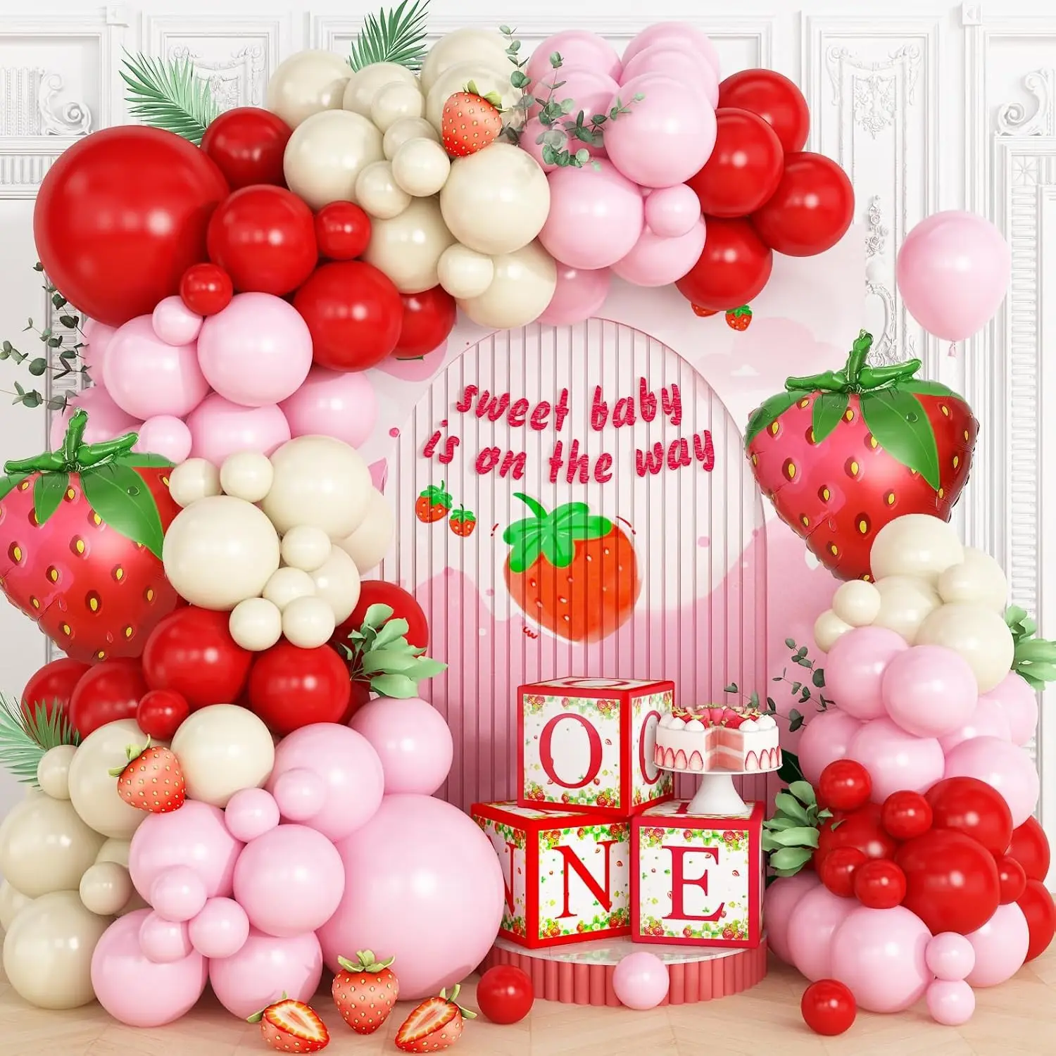 120pcs Strawberry Balloon Garland Set, Sweet Fruit Theme Balloon Arch, Strawberries Aluminum Foil Balloons, Baby Girl Birthday Party Decor, Balloon Party Supplies