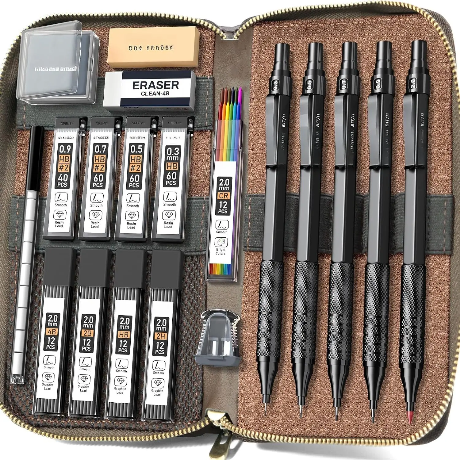 Full Metal Mechanical Pencil Set with Leather Case, 5-Count Office Stationery Drawing Tool with Multiple Tips (0.3/0.5/0.7/0.9/2mm Lead Holders) & 9 Tubes (4B/2B/HB/2H) Lead Refills for Sketching, Writing (Black)
