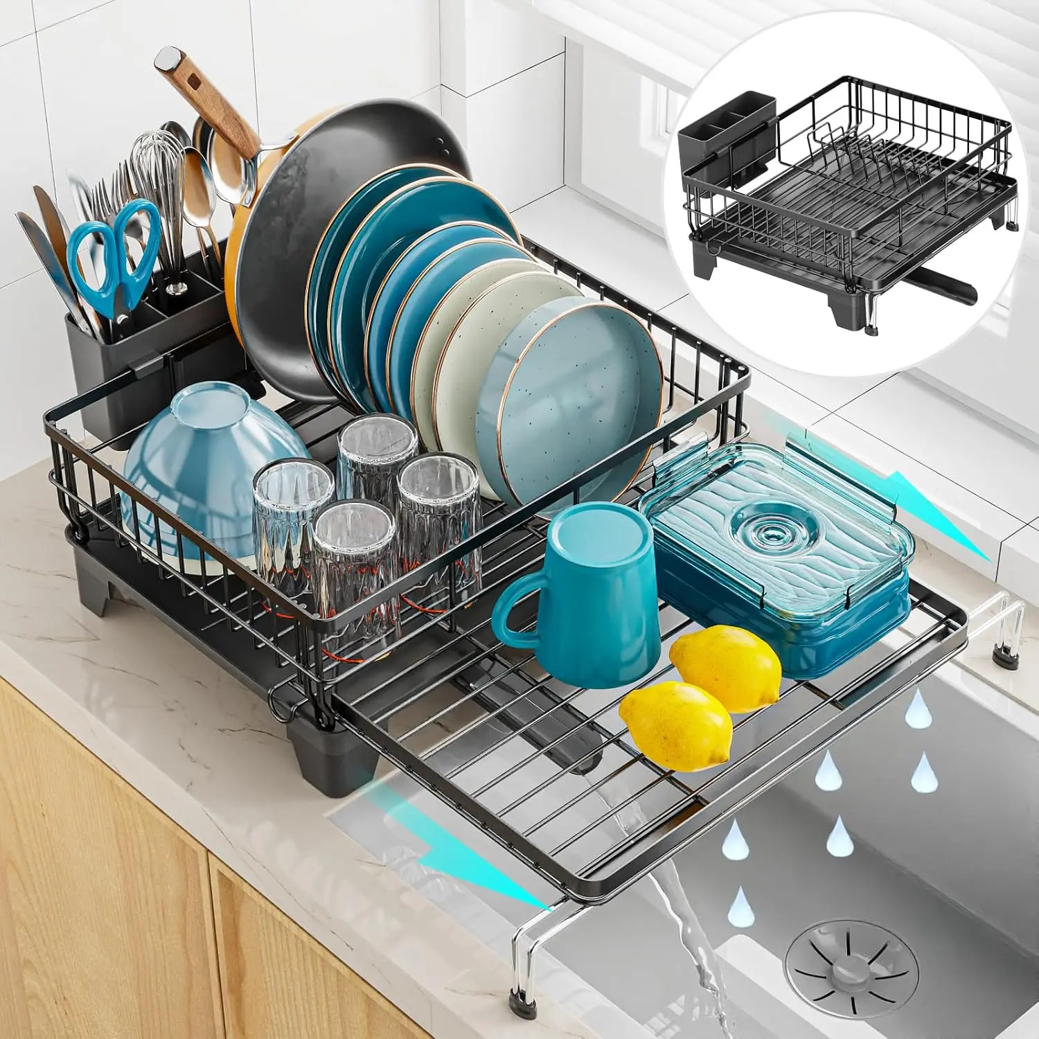 Expandable Dish Drying Rack for Kitchen Counter, Large Capacity 2-in-1 Rust Resistant Dish Drainer with Swivel Spout and Pull Out Over Sink Extension, 16.7" W x 12.6"-22.4" L, Black