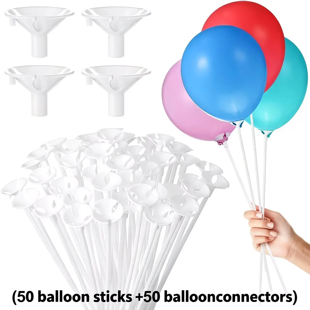 50 Reusable White Plastic Balloon Stands with Base | Durable Balloon Holder for Weddings, Birthdays, Christmas, New Year, and Other Party Decorations – Ideal for Arches, Columns, and Table Arrangements