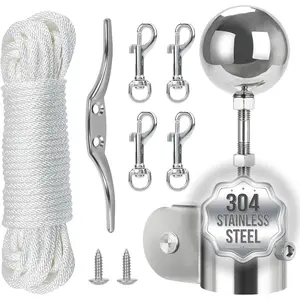 Flag Pole Repair Kit with Ball Topper for 1.6"-2" Flag Poles, 304 Stainless Steel Hardware with Flagpole Cap, 50FT Halyard Rope Replacement, 4 Flag Pole Clips, Cleat Hook & Mounting Screws, Silver