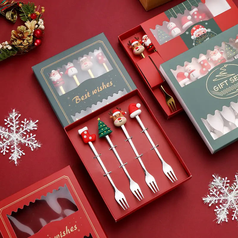 Christmas Stainless Steel Cutlery Set, 3D Santa Character Spoon & Fork Set, Creative Holiday Flatware Gift Box for Dessert, Fruit & Party Use