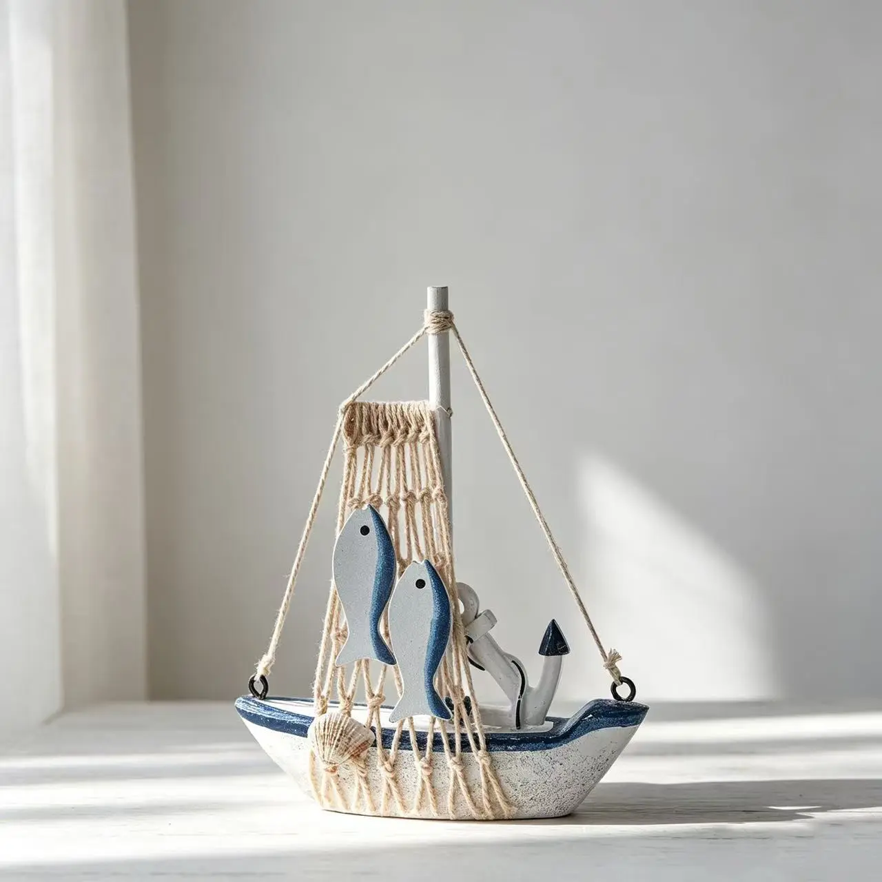 Mediterranean Style Vintage Wooden Sailboat Model, Iron Anchor Captain Ship Starfish Lifebuoy Decorative Ornament, Small Boat Display Piece, Home Decor Statue