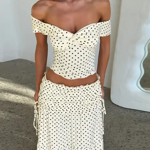 Women Summer Short Sleeve Tops High Waisted Long Skirt Polka Dot Beach Vacation Two Piece Set, Casual Summer Set Womenswear Clothes Two Pieces Outfits
