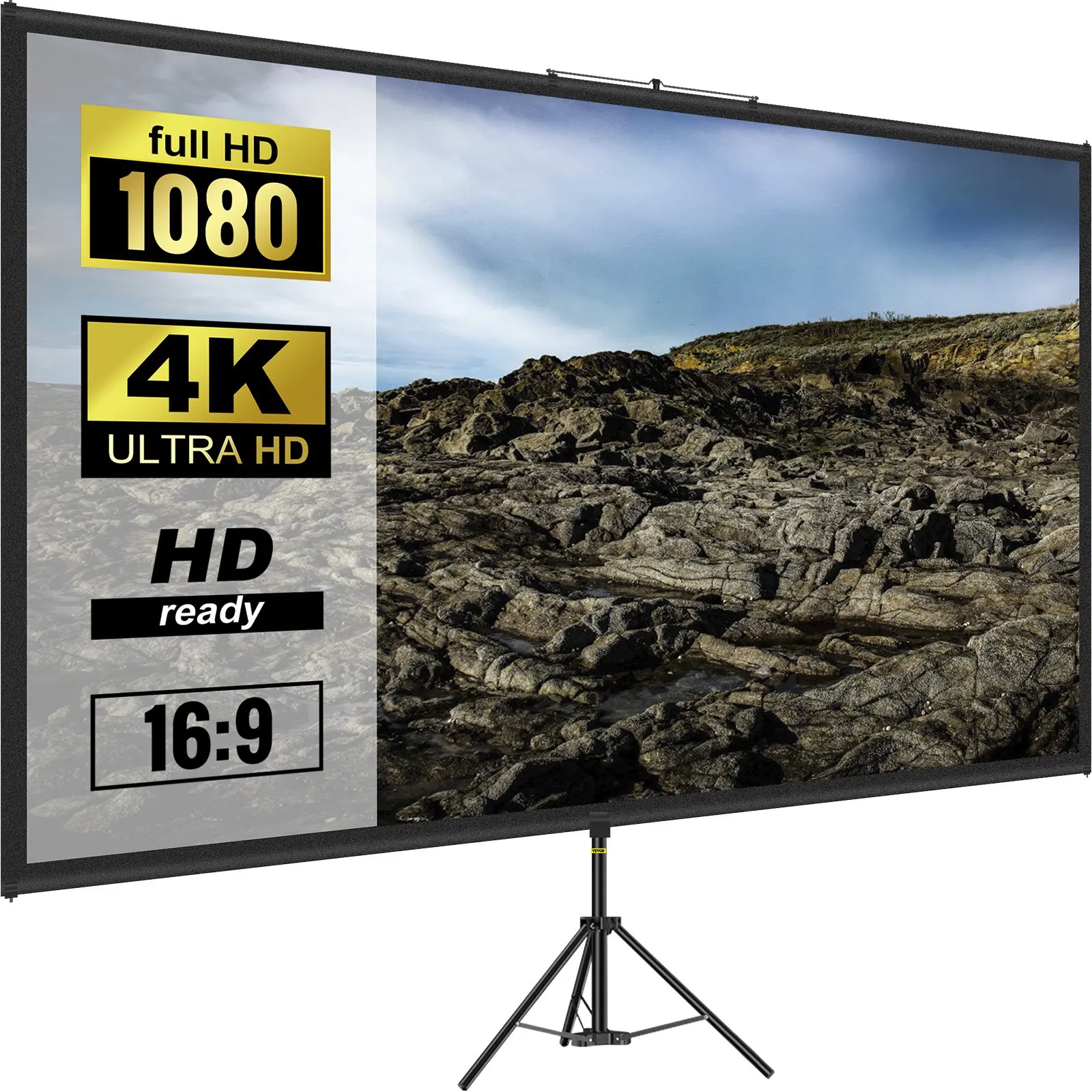 VEVOR Tripod Projector Screen with Stand 100inch 16: 9 4K HD Projection Screen Stand Wrinkle-Free Height Adjustable Portable Screen for Projector Indoor Outdoor for Movie, Home Cinema, Gaming, Office