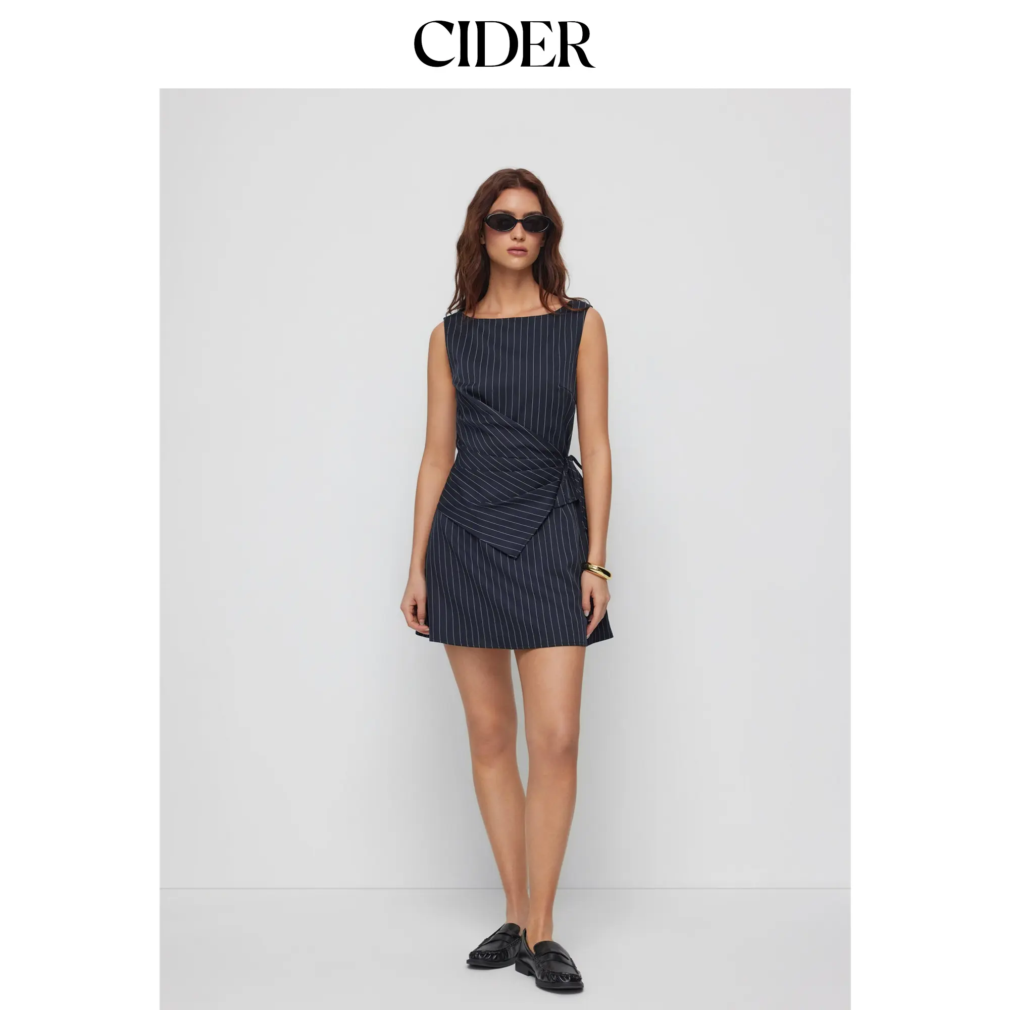Cider Stripe Boat Neck Asymmetrical Ruched A-line Mini Shift Dress SohoChic