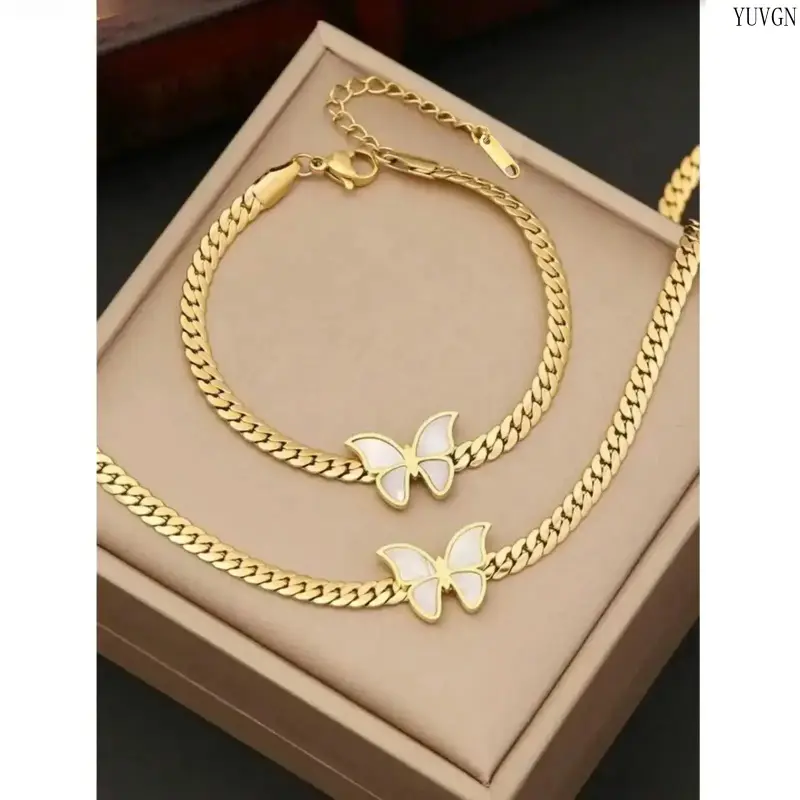 Women's 2-Piece Butterfly Motif Stainless Steel Jewelry Set - Gold Chain Necklace & Bracelet, Non Tarnish Jewelry, Elegant Gift-Ready Fashion Accessory for Summer Wins, Vacation & Beach Outfits, Gifts For Women, Tarnish Proof Jewelry