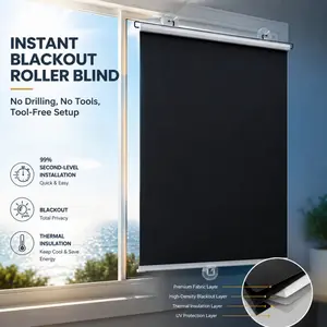 No Drill Instant Blackout Roller Shades, Self-Adhesive Suction Cup Thermal Curtain, 4-Layer Full Blackout & UV Protection Temporary Blinds for Bedroom & Car Windows