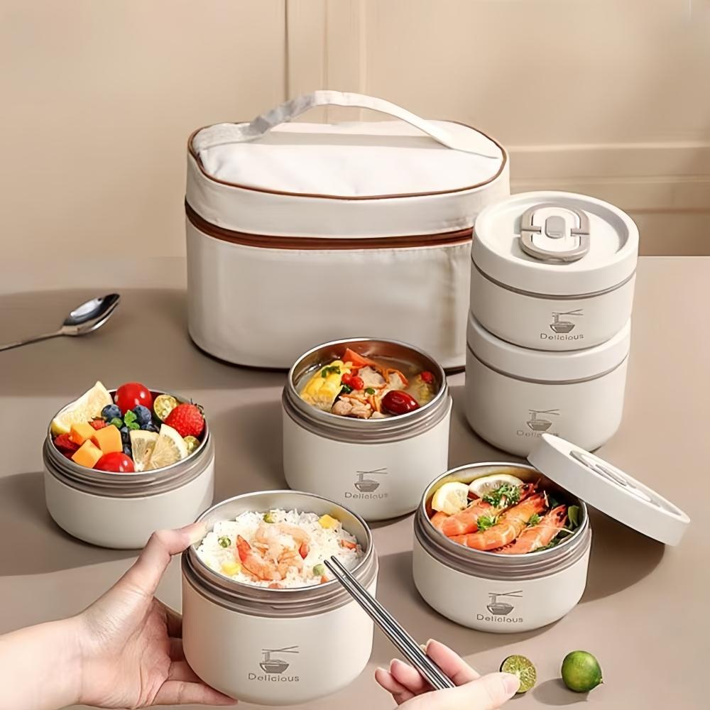 Stainless Steel Lunch Box with Lid & Cutlery, 1 Set 3/4 Boxes Large Capacity Food Storage Container with Insulated Bag, Portable Lunch Box for Camping, Picnic, School, Office