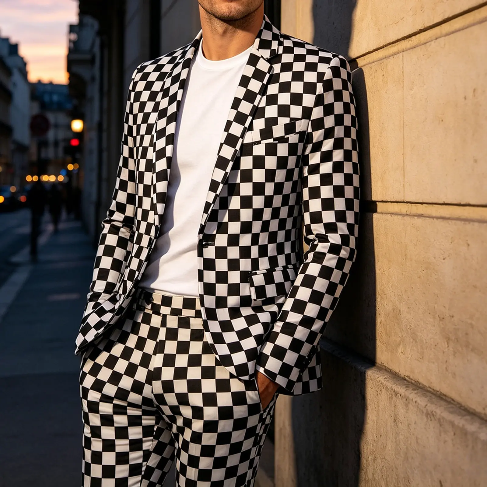 Men's Fashion 2-Piece Slim-Fitted Checkered Sequin Satin Suit - Black & White Checkerboard Polyester Blend Blazer & Trousers, Medium Length, Hand Wash Formal Wear for Party, Prom