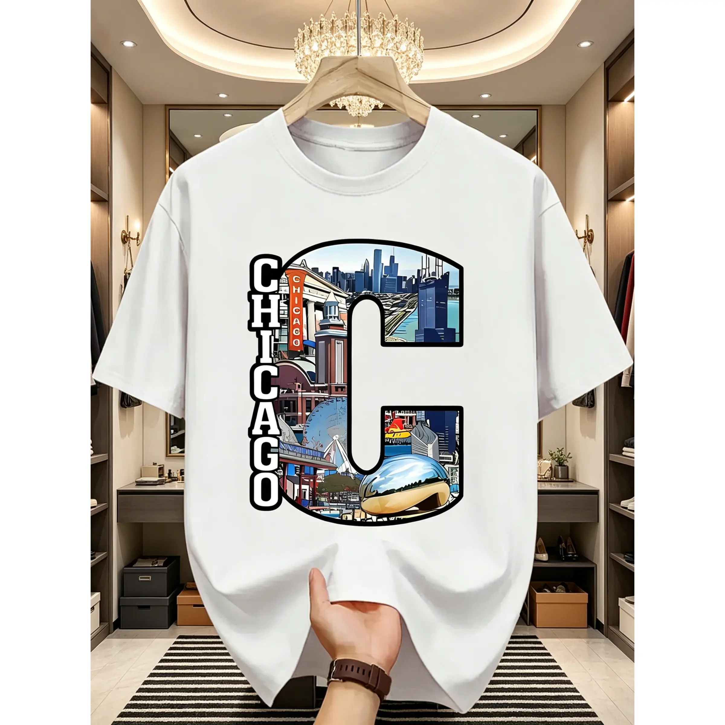 Chicago Big C Skyline Landmark Unisex T-Shirt for Men & Women - Windy City Retro Graphic, Soft Cotton Crew Neck Short Sleeve, Comfortable All-Season Tee, Perfect for Everyday Casual & Vacation Style, Summer Spring, Machine Washable