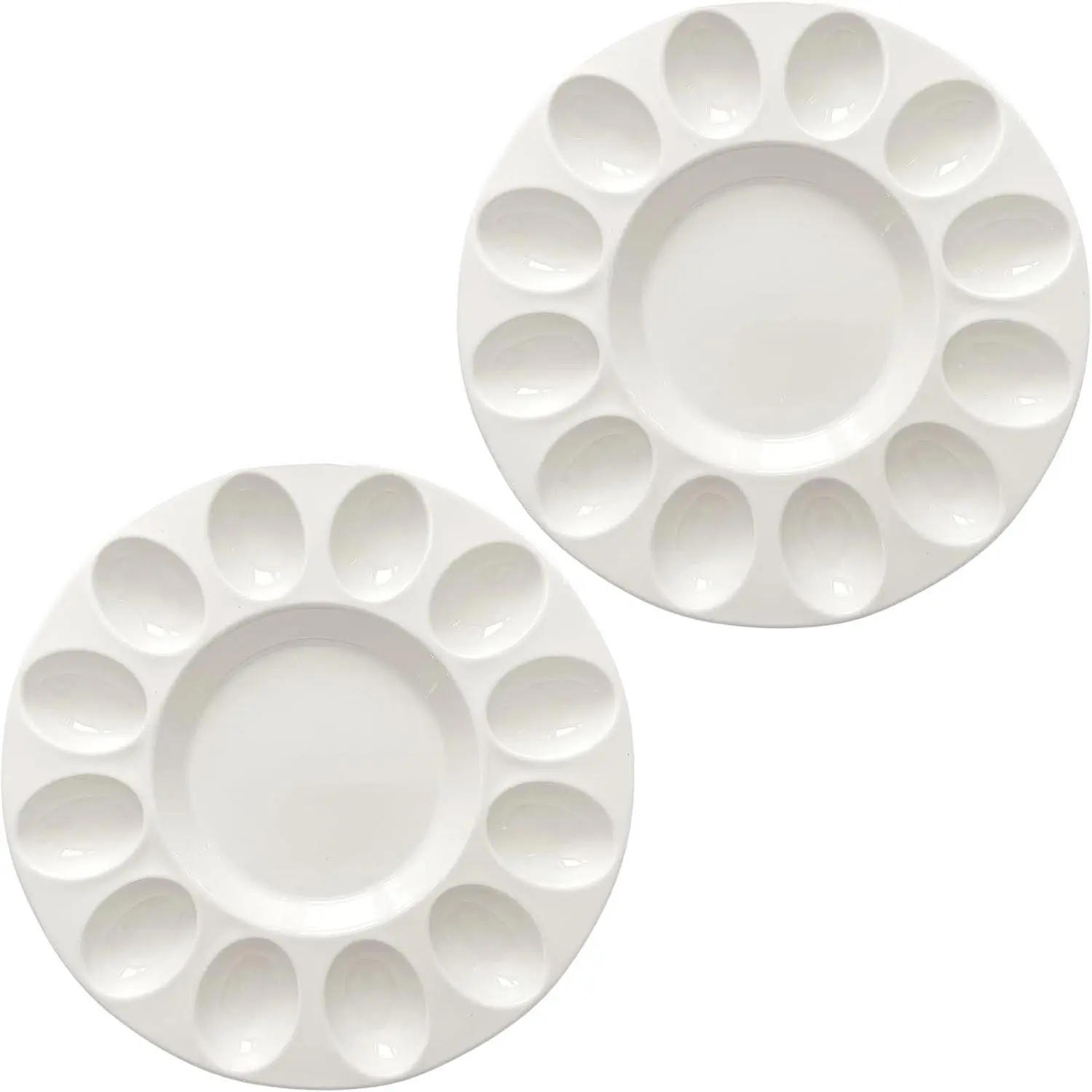 10" White Ceramic Deviled Egg Serving Platters - 2 Round Ceramic Dishes Trays Each Holds 12 Eggs, Ideal for Easter Christmas Entertaining, 2-Pack