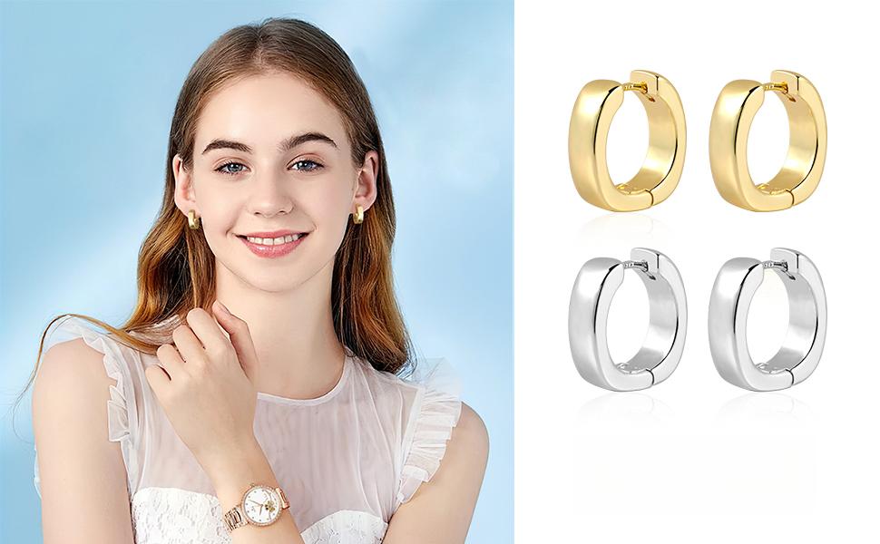 925 Sterling Silver Small Chunky Hoop Earrings for Women, 14K Gold Plated Trendy Huggie Hoops, Hypoallergenic Thick Small Hoop Earrings