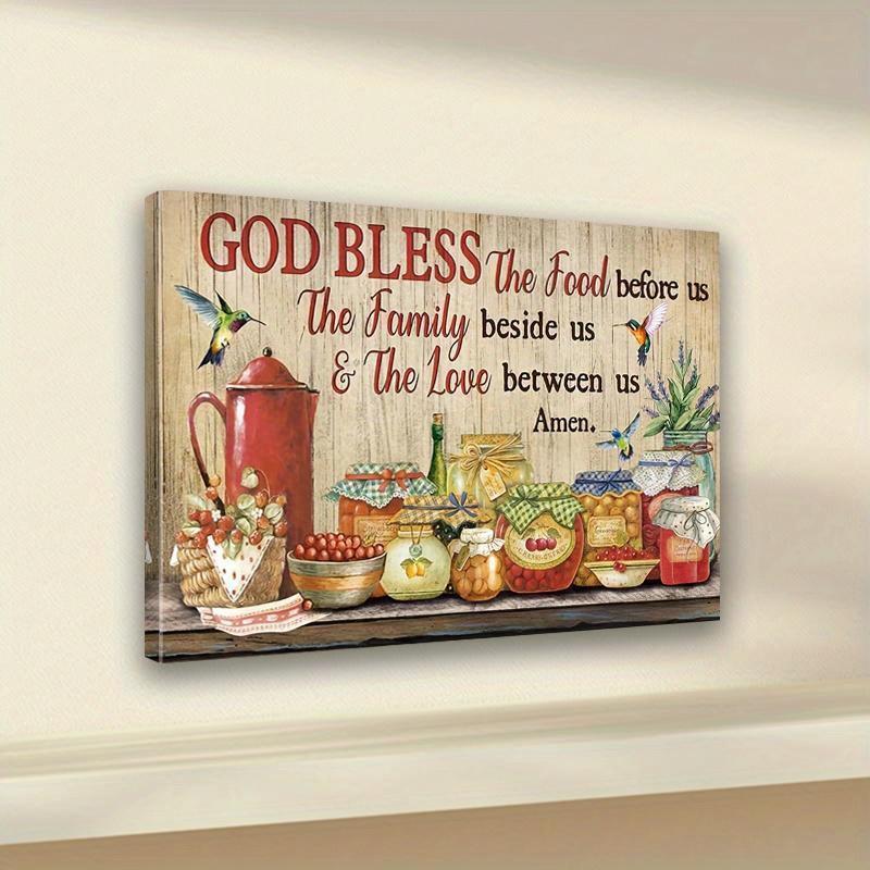 Framed Canvas Wall Art - God Bless the Food Family & Love Inspirational Print with Hummingbirds, Rustic Kitchen Decor for Dining Room, Home Office, Living Room - Classic Art Deco Framed Canvas Artwork, Large Canvas Wall Art, Office Artwork,
