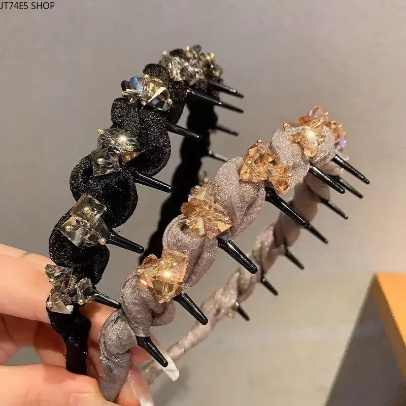 Light Luxury New Rhinestone Wavy Headband, Anti-Slip Tooth Comb Hair Band, Fashion Temperament Broken Hair Fixing Hair Accessory