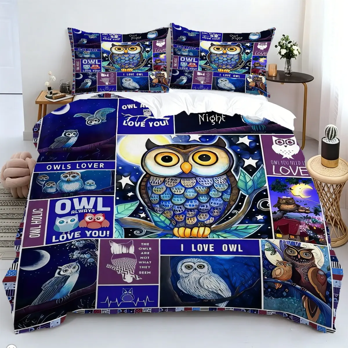 2/3pcs Vintage Patchwork Owl Lover Duvet Cover Set, No Filling Included – Bedding Set, Ideal for Owl Enthusiast Bedroom, Nature Lover Dorm, Cozy Cottage Home All‑Season Use