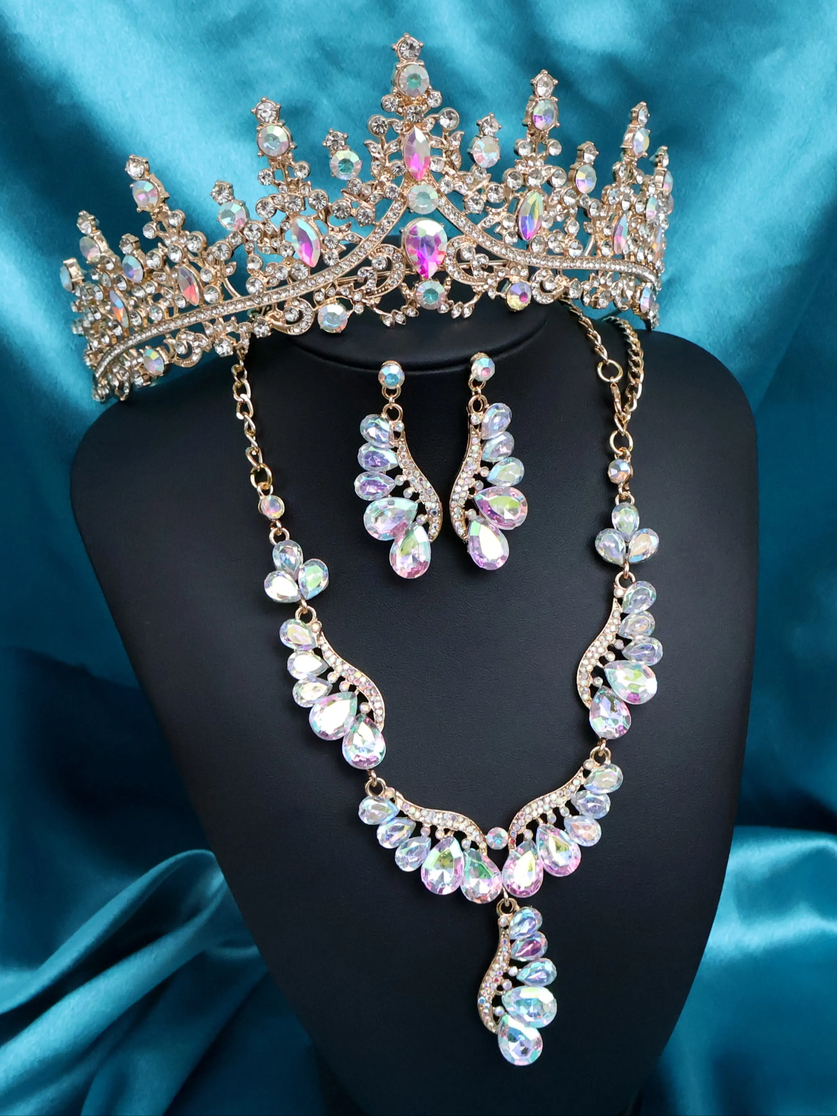 Beautiful Leaf Waterdrop Princess Crown Set, Fashion Jewelry Set, Includes Crown, Earrings, Necklace, Perfect for Birthday Gifts, Parties, Stage Performances, Weddings