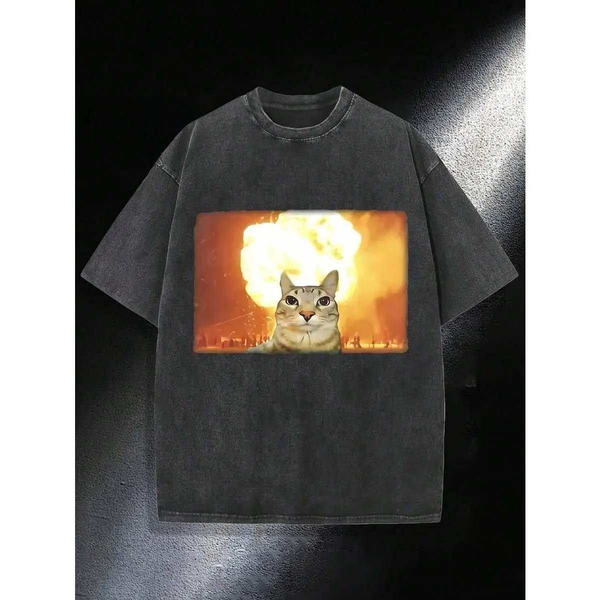 Men's Retro Flame Cat Explosion Comic T-Shirt - Lightweight Washed Cotton, Loose Drop Shoulder Fit, Gray Flame Print, Fun Animal Enthusiast Gift, Casual Street Style Summer Short Sleeve