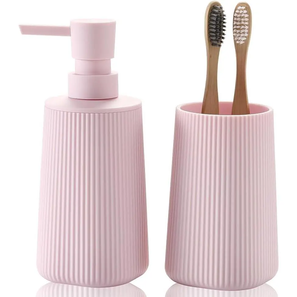 Bathroom Accessories Set 2 Piece Soap Dispenser and Toothbrush Holder for Bathroom Countertop Striped Pink