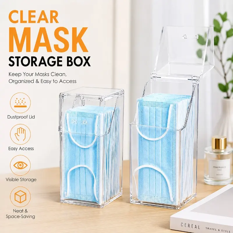 Clear Mask Storage Box with Lid, Transparent Dustproof Face Mask Organizer Dispenser, Space-Saving Disposable Mask Holder for Home, Office, Bathroom, Desktop and Daily Use