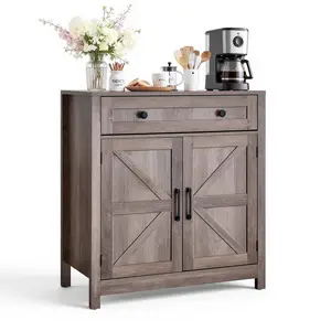VEVOR Coffee Bar Cabinet, Farmhouse Coffee Bar Table with Drawer, Buffet Stand Cabinet with 2 Barn Doors, Sideboard Buffet Station for Living Room, Entryway, Kitchen, 29.5x 14.7x 31.5 in, Grey