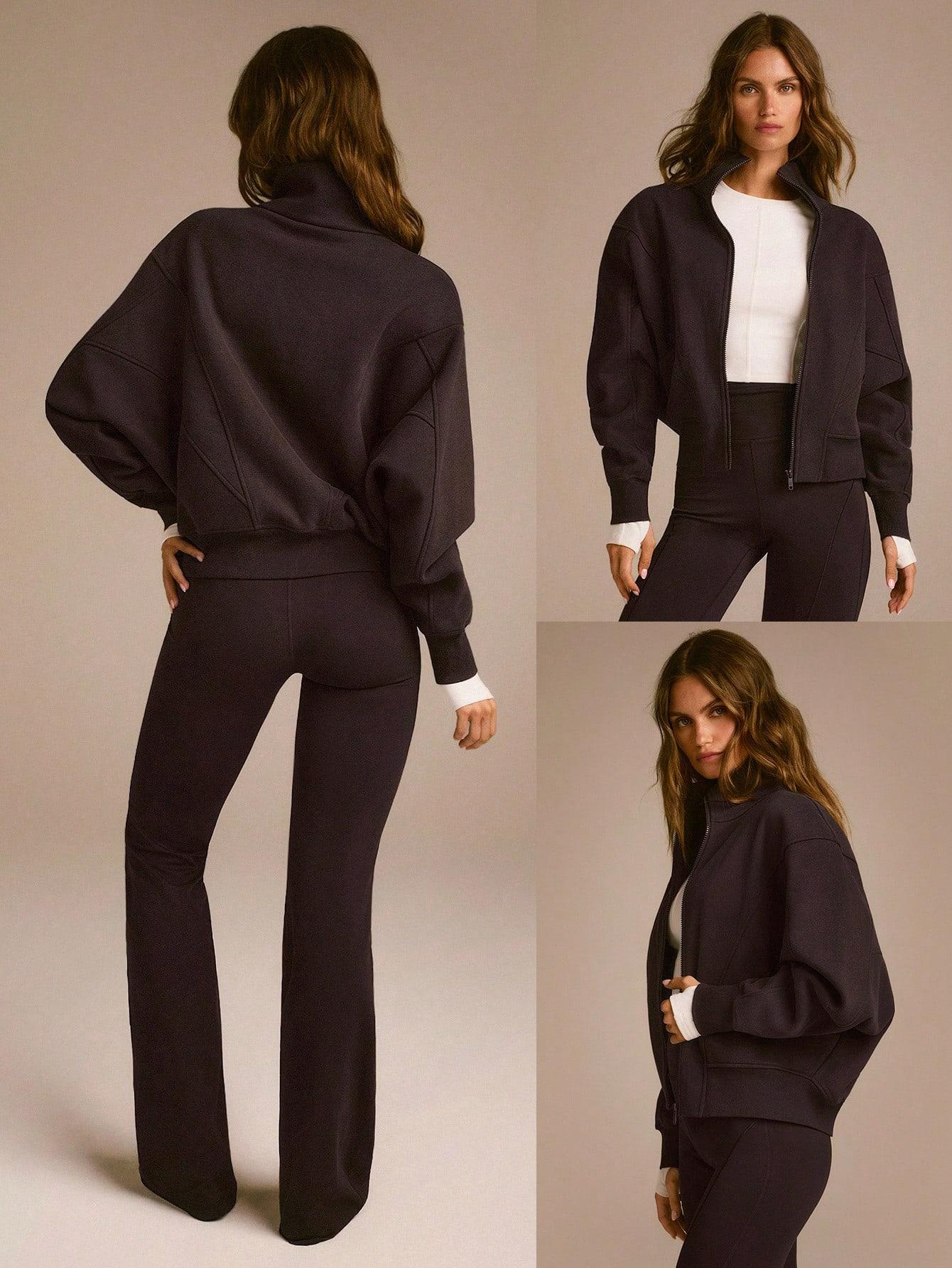 GLOWMODE Everyday Fleece WarmthSoft Warm Lightweight Front Back Seam Detailing Pockets Batwing Sleeve High Neckline Full-Zip Jacket