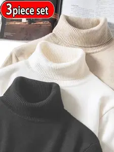Men's Winter High-Neck Knit Polyester Sweater 3-Piece Set, Casual Fleece- Lined Long Sleeve Pullover, Warm for Daily Wear Knitwear Tops