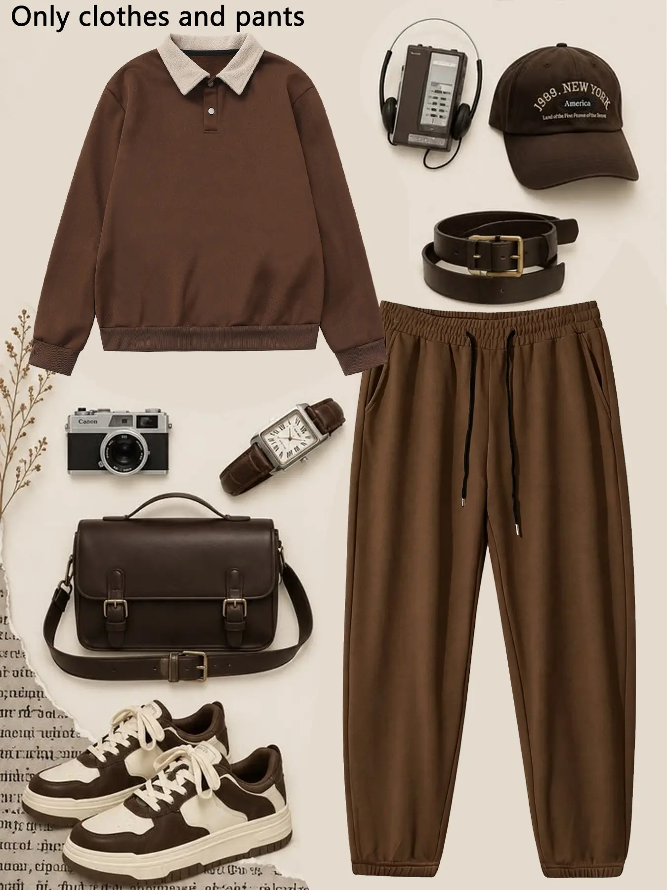 This Two-Piece Set Includes a Brown Color-Blocked Polo Shirt and Drawstring Sweatpants. It's a Retro-Casual Outfit Suitable for Everyday Campus or Street Scenes, Casual Style Set.