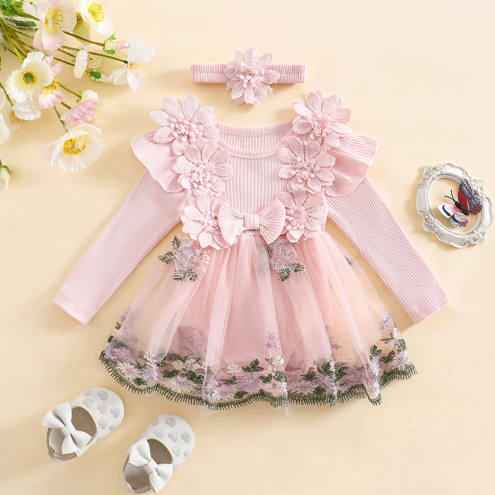 Baby Girl Romper Dress Embroidery Lace Flowers Baby Dress Romper Fall Winter Festival Clothes with Headband