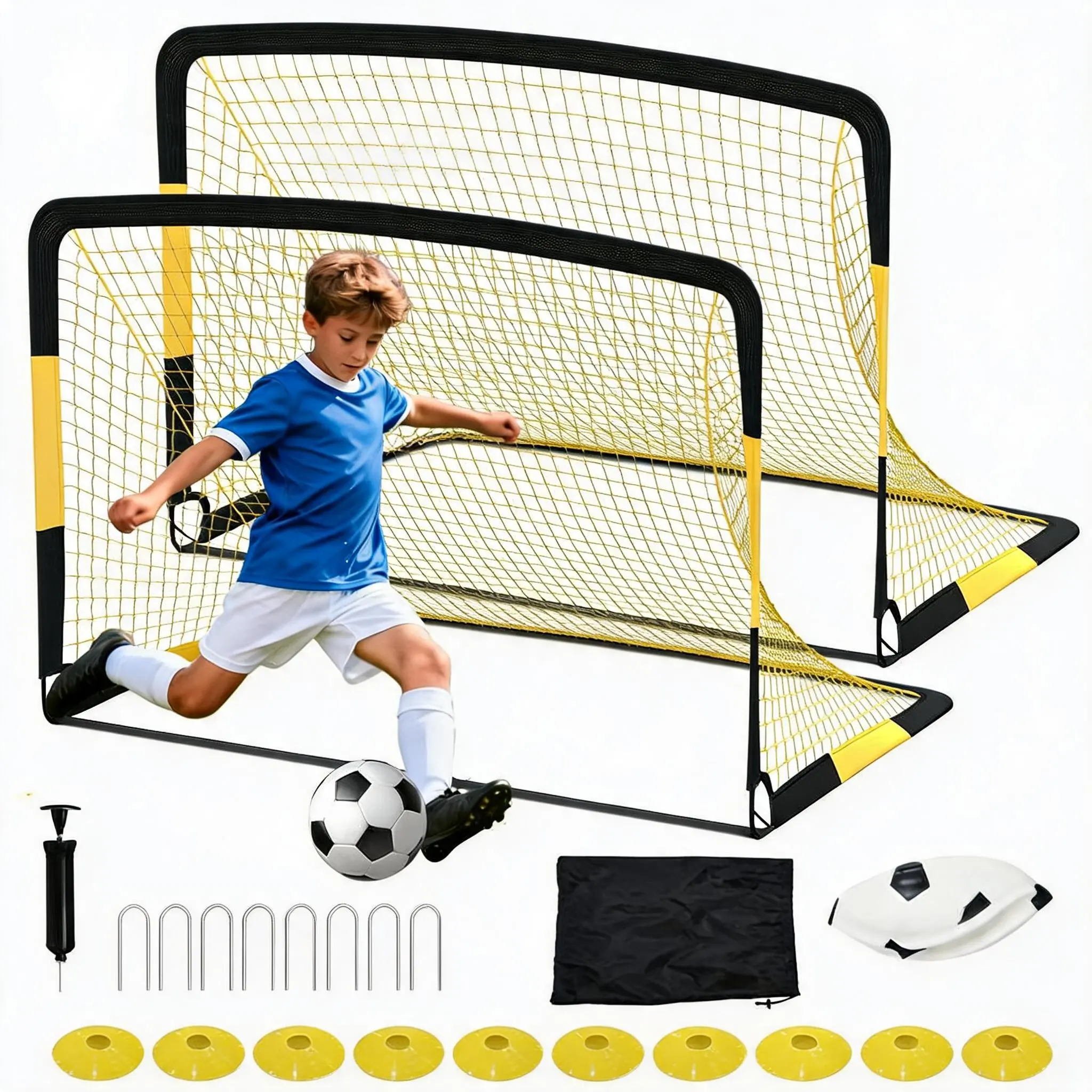 12x6 FT Portable Pop Up Soccer Goals 2 Pack, Complete Backyard Soccer Training Set with Ball Cones Ground Stakes, Quick Setup Soccer Net for Practice Competitive Play Youth Adult Outdoor Games