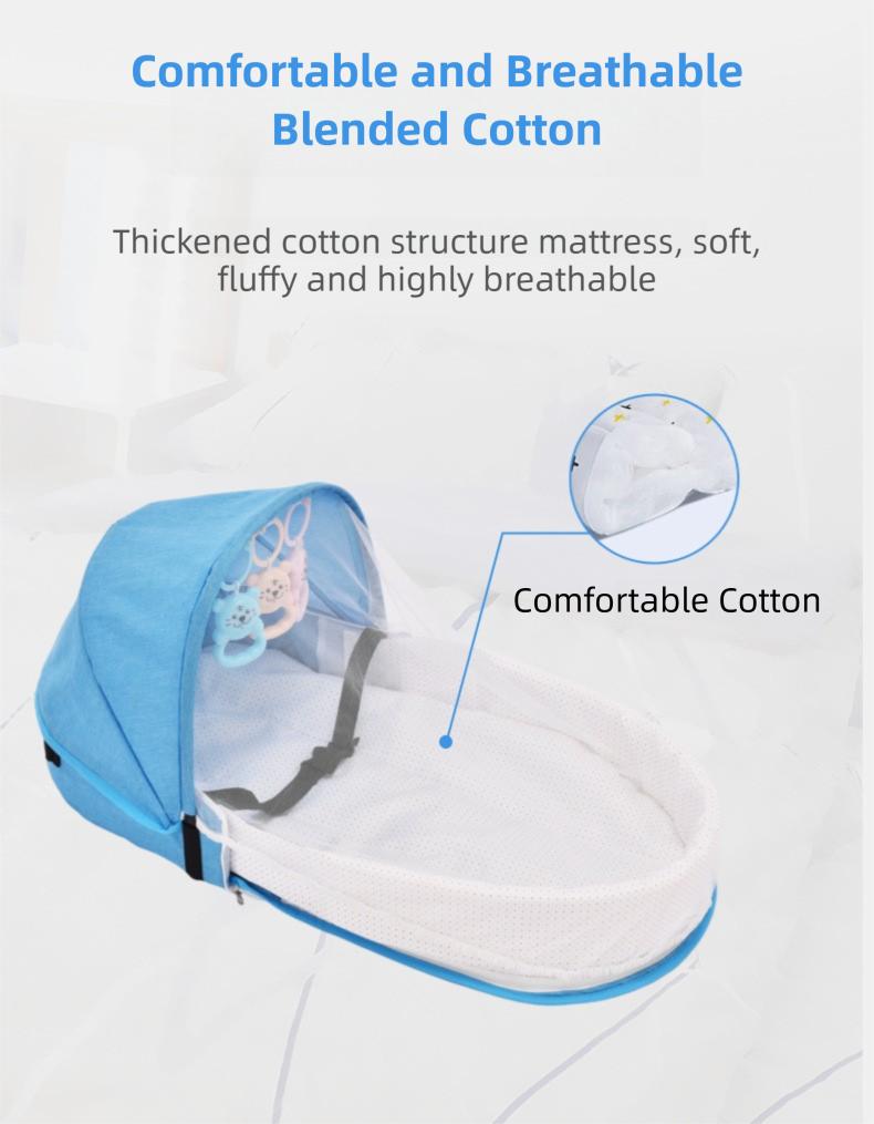 Portable Baby Bed in Bed for 0-12 Months Foldable Travel Infant Bassinet with Mosquito Net Canopy Breathable Mattress Safety Straps Carry Bag Backpack Design Includes 3 Hanging Toys
