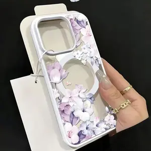 Crystal Clear Floral Phone Case for iPhone 15 Pro, Purple Flower Design Anti-Yellowing Protective Cover, Slim Shockproof Case with Strong Magnetic Support