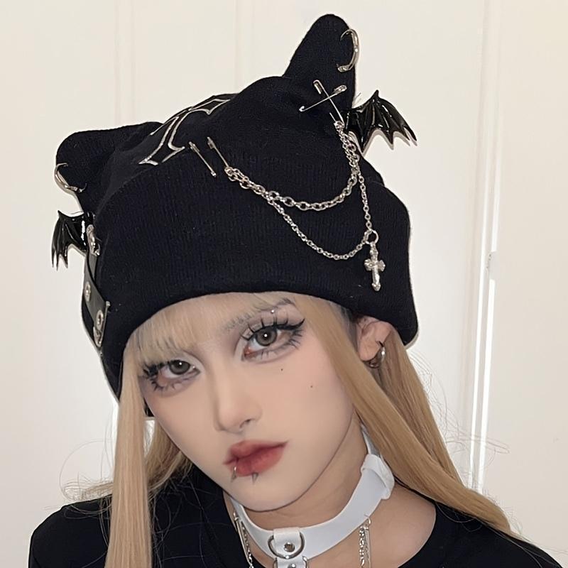 Women’s Gothic Cat Ear Beanie with Punk Chain and Bat Charm – Y2K Grunge Black Winter Hat, Adjustable and Machine Washable Streetwear Accessory witch for Men and Women beanies skull cap casual wear Knit Heart unisex design wool western newsboy style warm