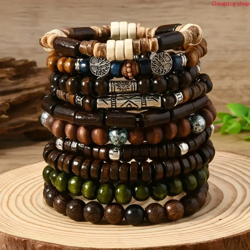 2026 10Pcs/Set Random Men's And Women's Bohemian Style Fashion Wooden Beaded Bracelet, Couple Bracelet Combination Hand String Gift Handmade Beaded Chain Set