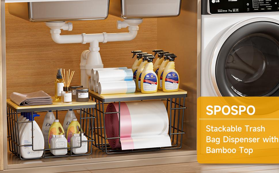 2 Pack Storage Stackable Kitchen Laundry Organizers with Bamboo Top, Large Trash Bag Holder and Standard Garbage Bag Dispenser,Storage Stackable Kitchen Laundry Organizers with Bamboo Top, Large Trash Bag Holder and Standard Garbage Bag Dispenser
