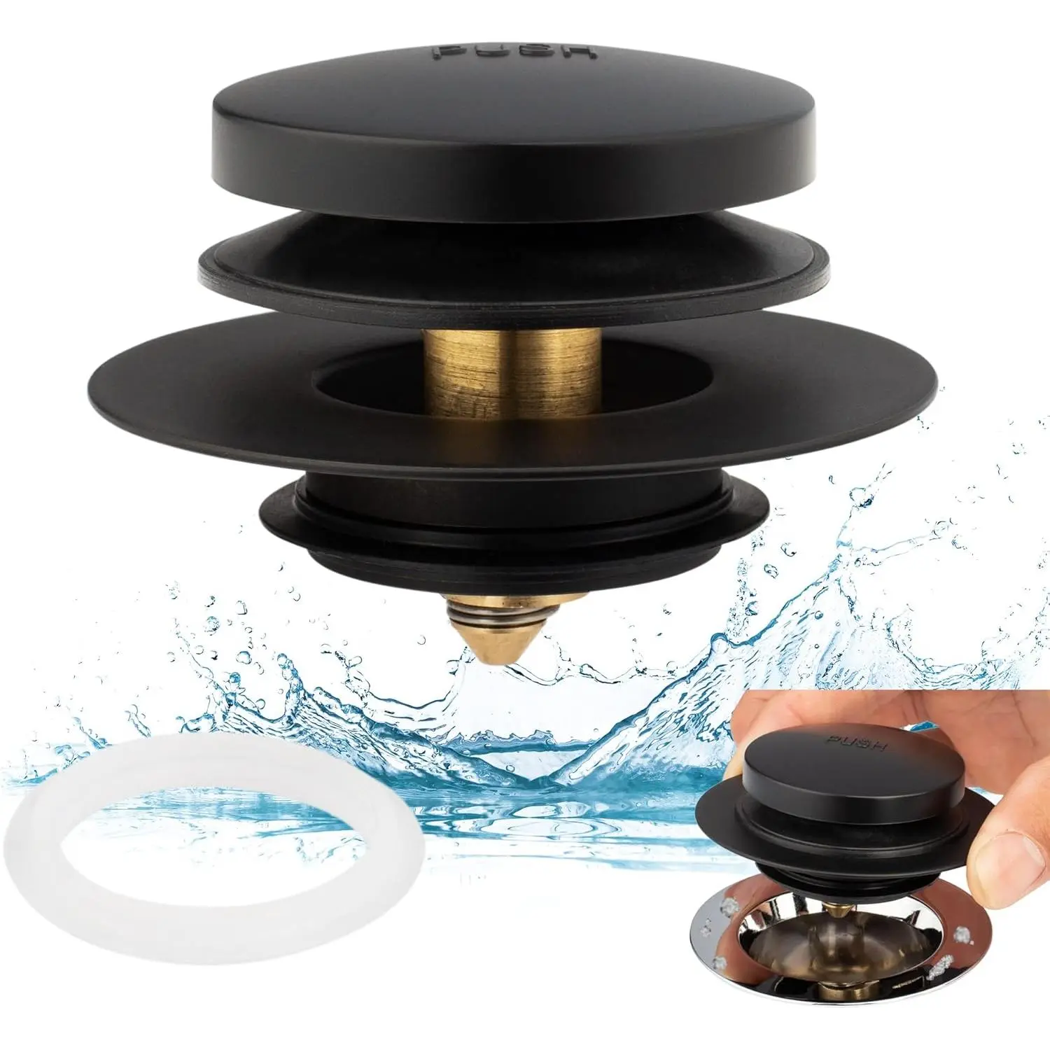 Universal Tip Toe Bath Drain Stopper and Cover, Bathtub Drain Stopper, Replaces Lift and Turn, Tip-Toe and Trip Lever drains for Tub, EZ Installation and Clearing (MATT Black)