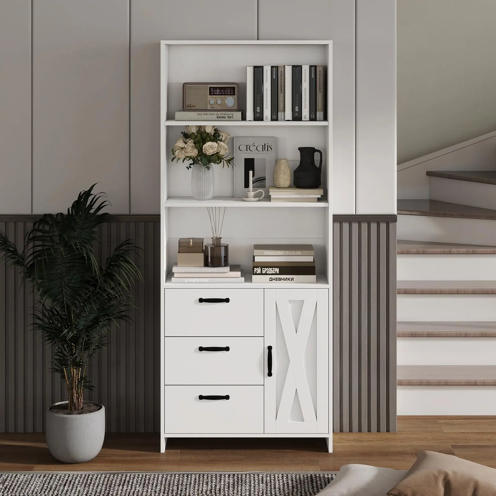 Modern Tall Wooden Bookshelf with 3-Tier Open Shelves, Drawers & Door, MDF Storage Cabinet Organizer for Living Room, Study & Home Office