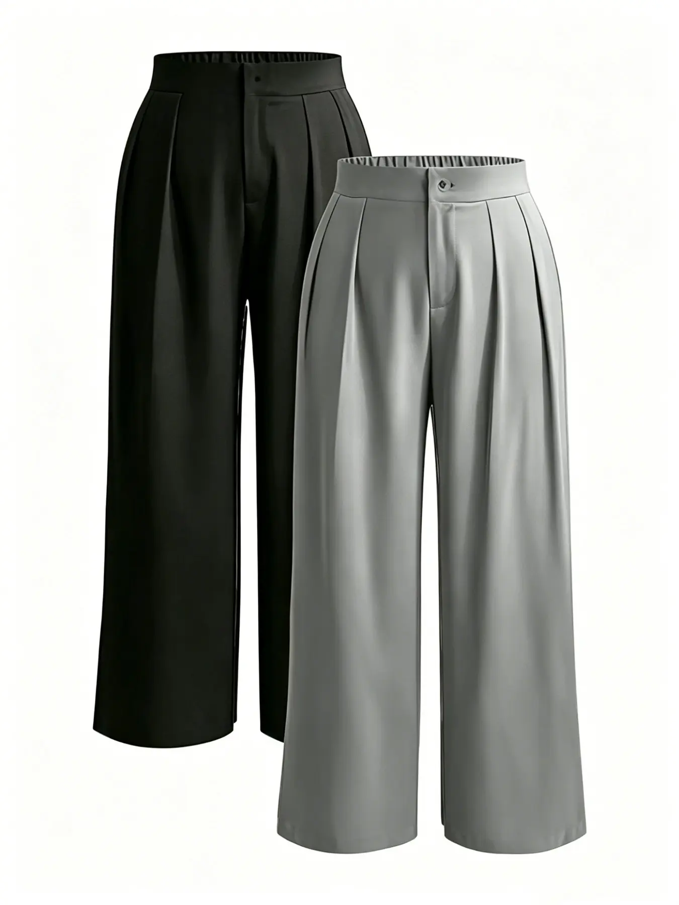 Two-Piece Plus Size Women's Elastic Waist Straight Leg Suit Pants, High-Waisted Pleated Wide Leg Pants, Thick Fabric with Pockets for Office Commute