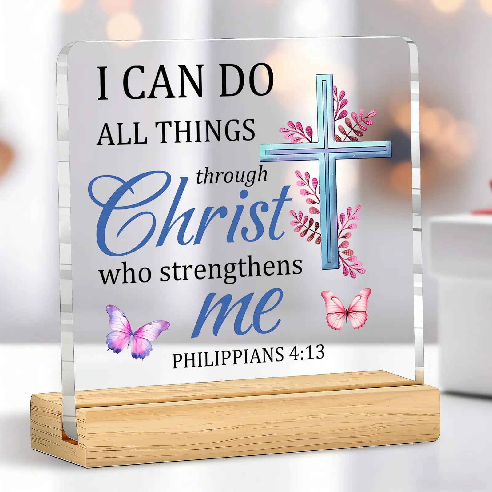 Acrylic Desktop Decorative Sign, Christian Cross Butterfly Motivational Quote, Home Office Shelf Decoration, Wooden Base Included