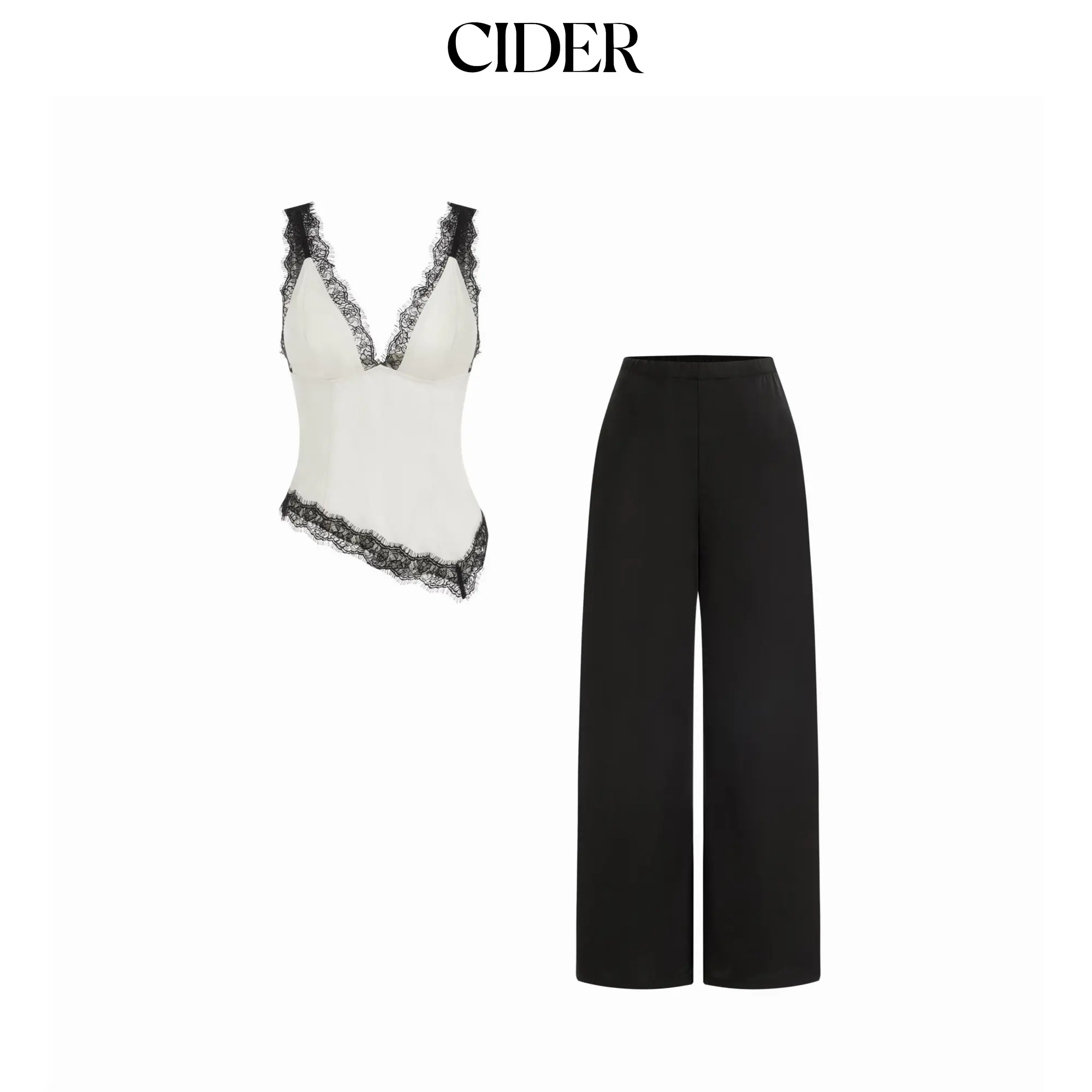 Cider Satin V-neck Contrasting Lace Hanky Hem Top & Mid Rise Wide Leg Trousers Set SohoChic