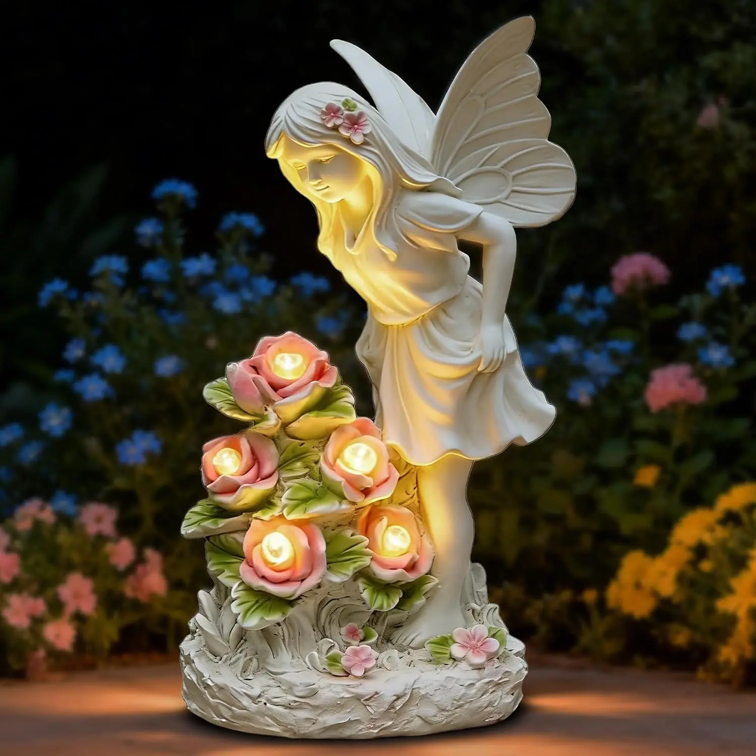 Garden Figurines Angel Garden Statue Outdoor Decor, Solar Powered Resin Sculpture with 5 LEDs Art Decoration for Patio Lawn Yard Porch, Ornament Housewarming Gift, 11“ H