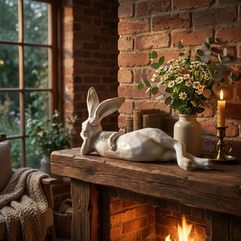 Lazy Sleeping Bunny Resin Figurine Statue Homestyle Decor, 12.6 Inch Large White Rabbit Sculpture Cozy Room Aesthetic, Unique Housewarming Birthday Gift for Cottagecore & Country Farmhouse Living Room Bedroom Mantel