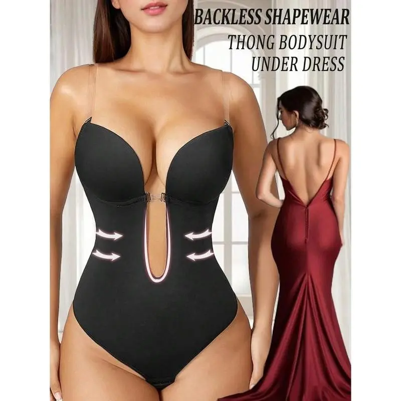Backless Shapewear Bodysuit For Women Invisible U Plunge Deep V Thong Built In Push Up Bras Underwear Sexy Lingerie Tummy Body Shaper Seamless Under Wedding Dress Corset
