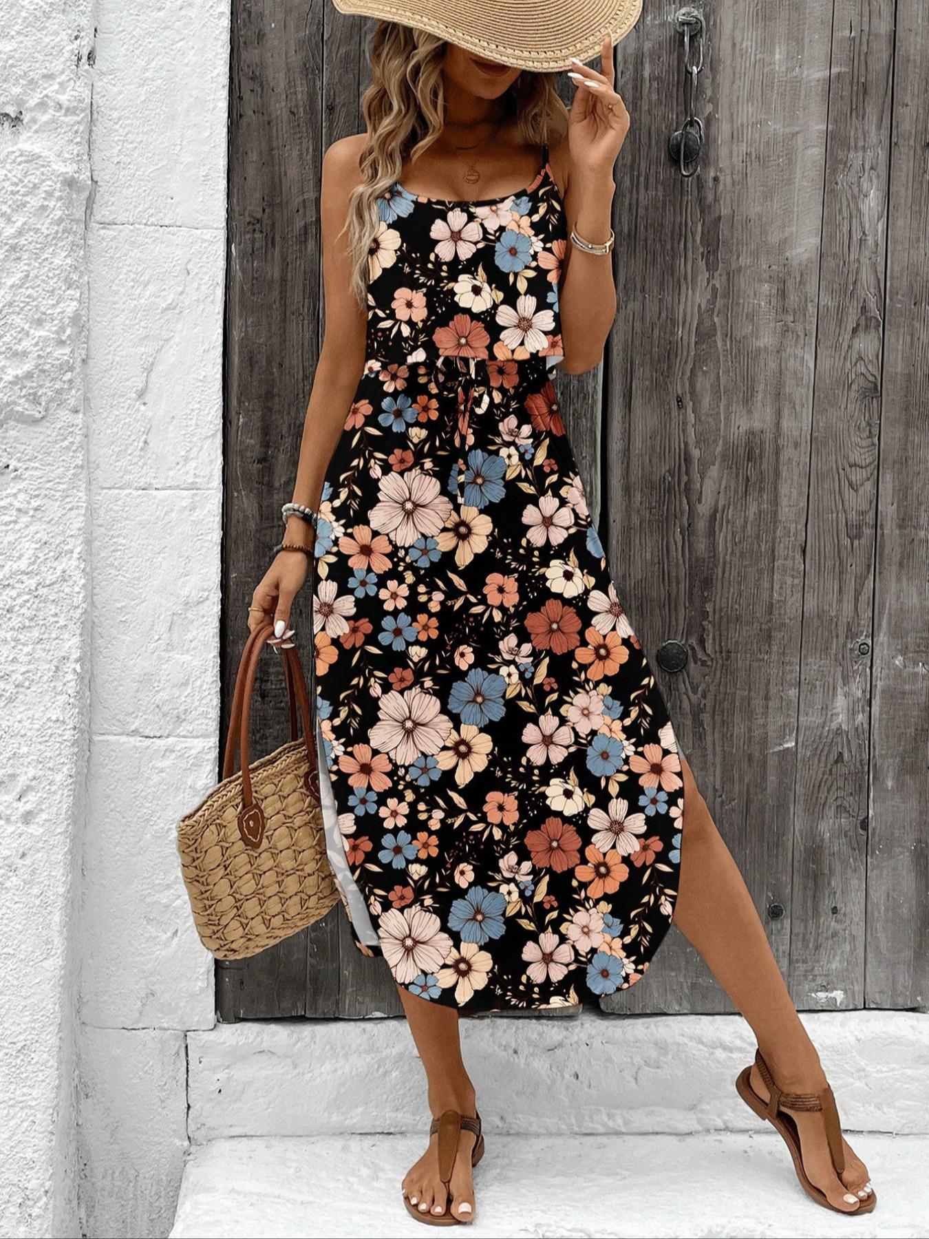 Women's Summer Tie-Dye Sleeveless Dress, Split Thigh Fitted Long Dress, Casual Vacation, Multicolor Floral Print