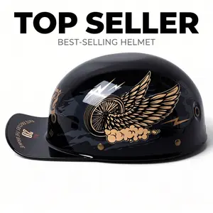Harley Retro Motorcycle Half Helmet, Baseball Cap Brim Wings Wheel Print Cruiser Helmet, Unisex Summer Breathable Electric Bike Half Helmet