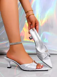 Women's Satin Pleated Pointed Toe Sandals, Strap Low Heel Catwalk Shoes, Summer Lightweight Casual Slippers, Anti-Slip Open-Toe Single Shoes