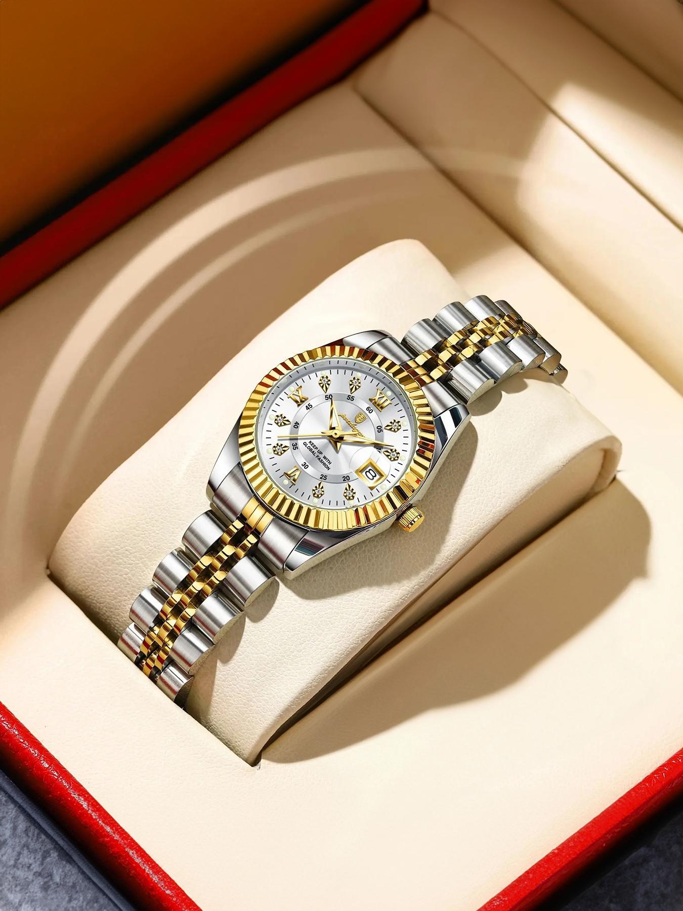 Women's Elegant Round Dial Analog Quartz Watch, Fashionable Luminous Watch for Party, Daily Clothing Decor, Trendy All-match & Exquisite Waterproof Watch for Birthday Gift with Box, Fashionable Watches, Stainless Steel Watch