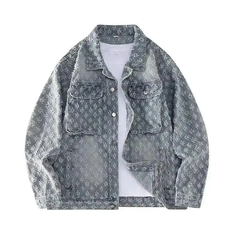 Men's Fashion Stylish Luxury Clothing Loose-fitting Jacket for Casual Cotton Suitable Spring and Autumn Water-washed Jacquard Jacket Coats Menswear