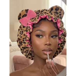 Luxury Teddy Material Hair Bonnet Hood - Leopard Print Pink Sleep Cute Hair Wrap for Haircare & Styling, Ideal Women's Gift