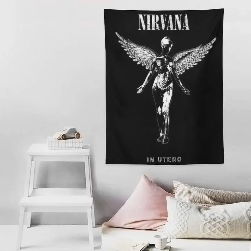 Dark Grunge Winged Figure Rectangular Tapestry, 5ft x 3ft (60in x 40in) Black White Alternative Rock Style, Photo-Worthy Peach Skin Fabric Wall Decor for Bedroom, Music Rooms, Indoor/Outdoor Home Supplies